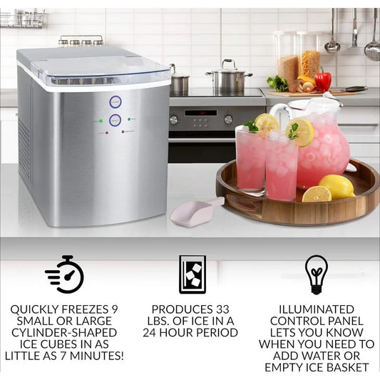 ICEB33SS Large-Capacity Stainless Steel Automatic Portable Electric Countertop Ice Maker Machine, 33 Pounds in 24 Hours