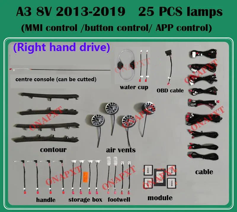 LHD RHD For Audi A3 RS3 S3 2013-2024 MMI APP Nozzle Air Vent Decorative LED Strip Lamp Door Dashboard Footwell Ambient Light