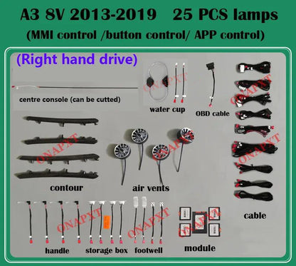 LHD RHD For Audi A3 RS3 S3 2013-2024 MMI APP Nozzle Air Vent Decorative LED Strip Lamp Door Dashboard Footwell Ambient Light