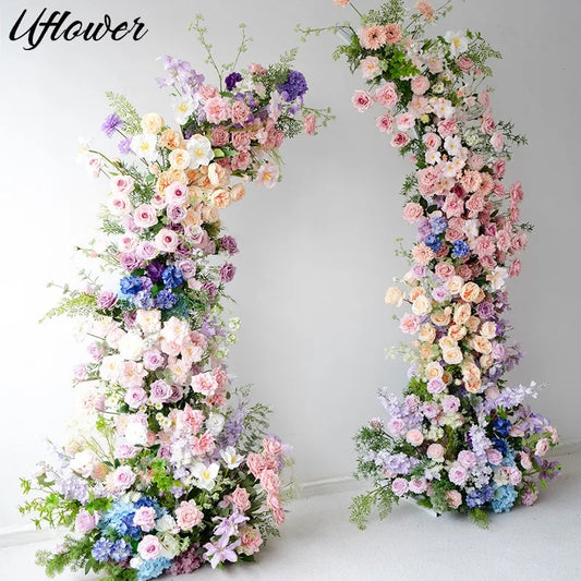 Uflower Colorful Rose Peony Greenery Floral Arrangement Decor Horn Arch Wedding Backdrop Floor Flower Row Event Stage Party Prop