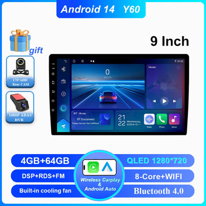 Android 14 CarPlay car radio Android Auto GPS multimedia player 2 DIN universal 9/10 inch Car stereo WiFi player QLED Screen BT