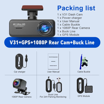 Soam 4K Ultra HD Dash Cam Car DVR Recorder Front and Rear Cam 170° wide Angle WIFI GPS Car Camera WDR Night Vision APP control
