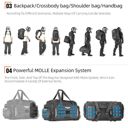 Rhinowalk Motorcycle Tail Bag Waterproof 50-70L Expandable Back Seat Bag Dry-Wet Separation Versatile Backpack 14" Laptop Pocket