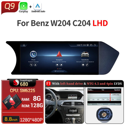 8.8 inch Android 14 For Mercedes Benz C Class W204 S204 2011-2015 Car Radio BT Carplay Qualcomm Snapdragon 680 Head Unit Screen