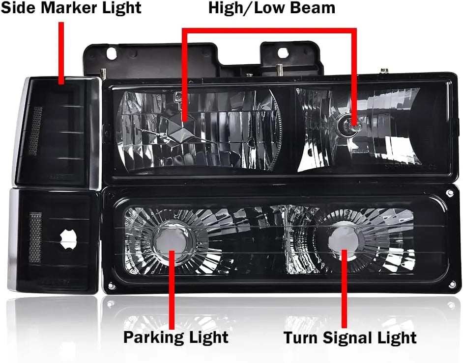 Headlights Assembly, Compatible with 1994 1995 1996 1997 1998 1999 GMC C1500 K1500 Yukon bumper Headlamp, Smoky lens Black Housi