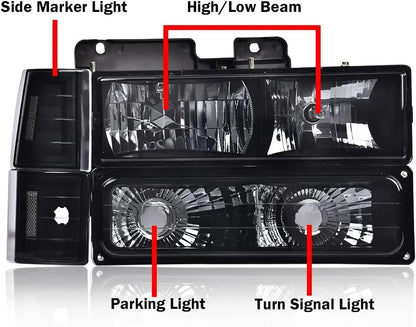 Headlights Assembly, Compatible with 1994 1995 1996 1997 1998 1999 GMC C1500 K1500 Yukon bumper Headlamp, Smoky lens Black Housi
