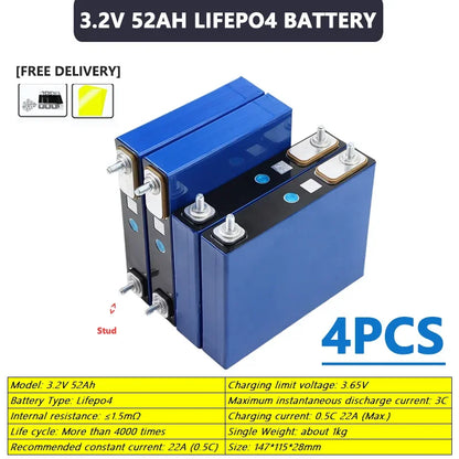 Hot sale 3.2V 52Ah 55Ah LiFePO4 battery 3000+cycles  3C Grade A DIY 12v 24v 48v E-boat Car motor RV Inverter Solar Light