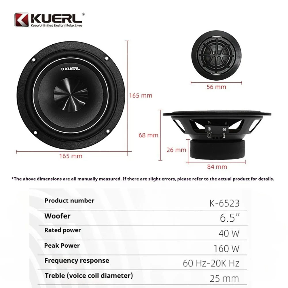 Car Audio Modified Front Door Two-Way Speaker 6.5 Inch Set DC-12V Max Power 160w RMS 40w Car Interior Professional Speaker
