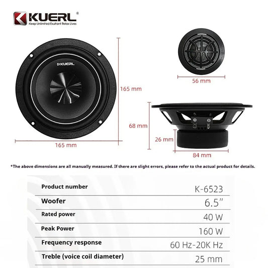 Car Audio Modified Front Door Two-Way Speaker 6.5 Inch Set DC-12V Max Power 160w RMS 40w Car Interior Professional Speaker