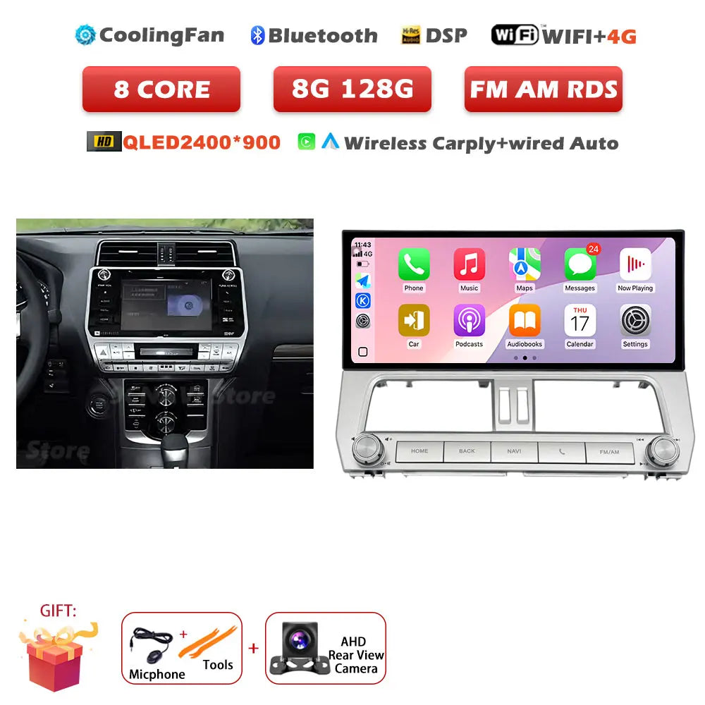 12.3" Android 14 Auto Car Radio Multimedia Player For Toyota Land Cruiser Prado 150 2018-2023 Navigation GPS Carplay Head Unit