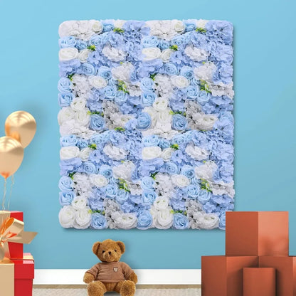 Artificial Flower Wall Panel 4 Pcs White Silk Rose Blue Hydrangea Flower Wall Mat Fake Flower Wall Backdrop for Party