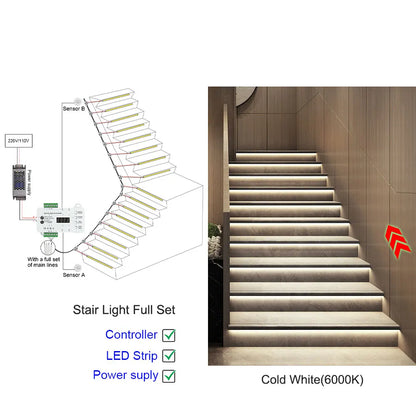 Intelligent Motion Sensor Stair Light Smart Controller 10 20 32 40 Steps Fast Install High Bright COB LED Strip Full Set STEP-05 power tools