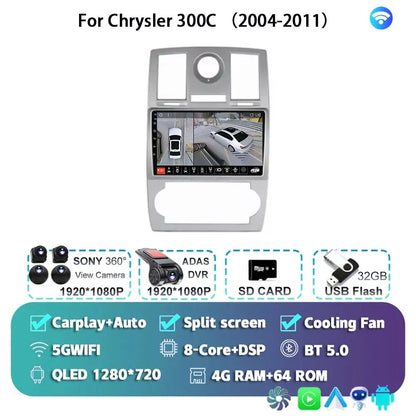 Android 15 For Chrysler 300C 2004-2011 Auto Carplay Car Radio Navigation GPS Video Multimedia Player 360 Camera 4G WIFI DSP