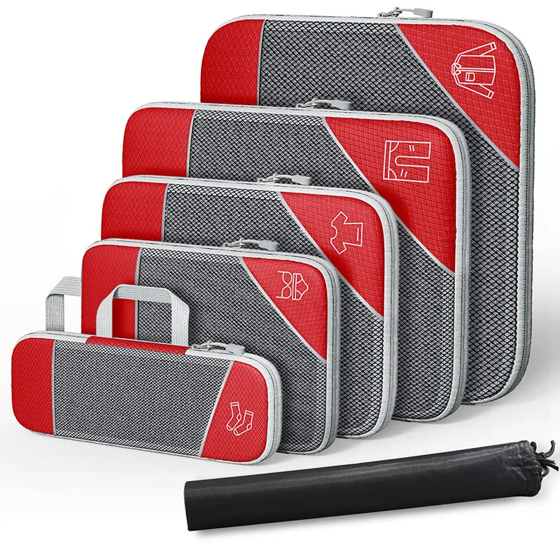 6PCS Travel Compressed Packing Cubes Storage Organizer Set With Shoe Bag Mesh Visual Luggage Portable Lightweight Suitcase Bag