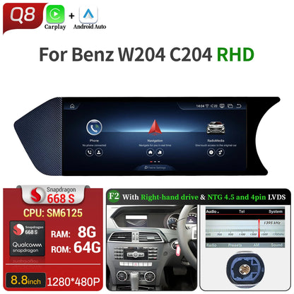 8.8 inch Android 14 For Mercedes Benz C Class W204 S204 2011-2015 Car Radio BT Carplay Qualcomm Snapdragon 680 Head Unit Screen