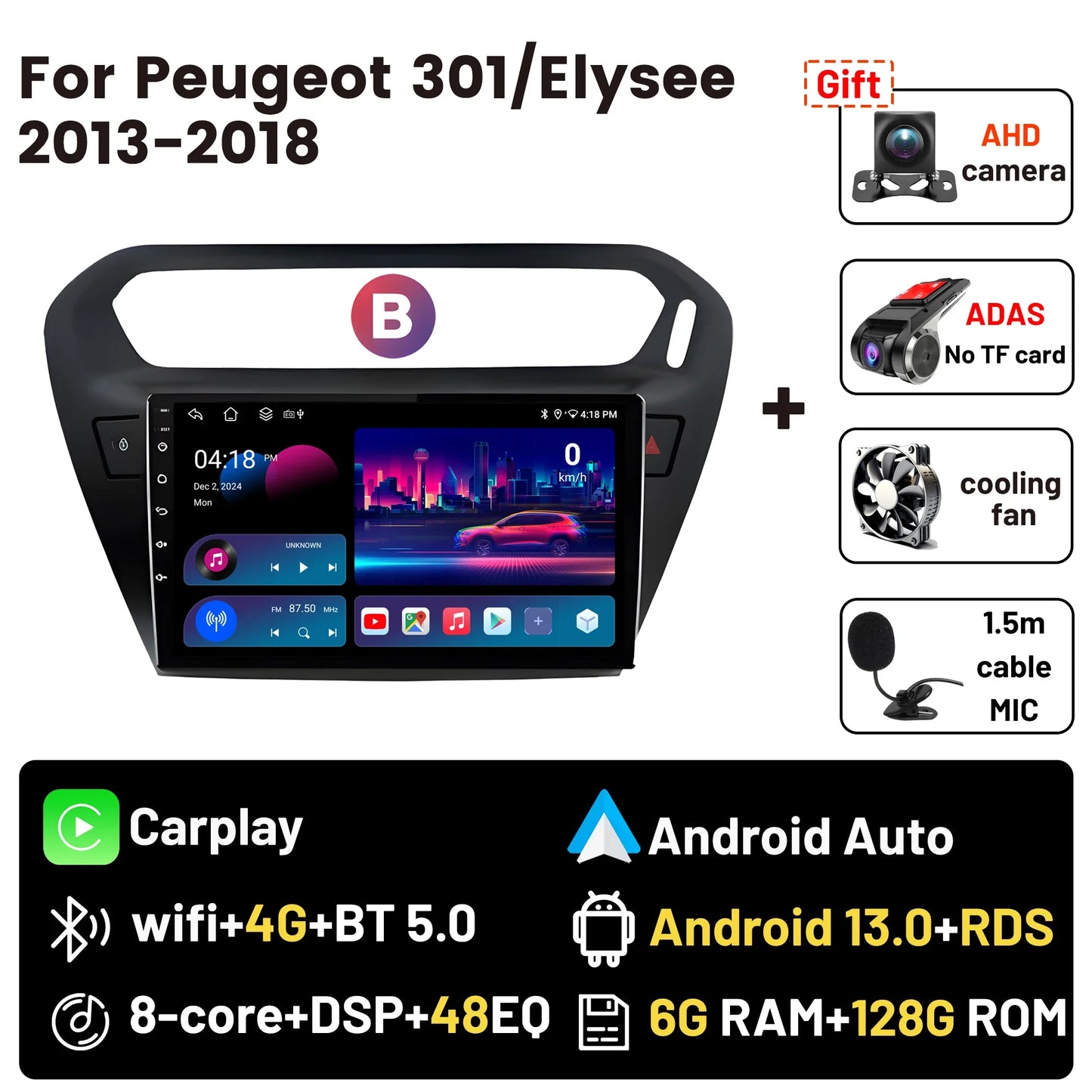 Wireless CarPlay Android Auto Car Bluetooth Radio For Peugeot 301 Citroen Elysee 2013-2018 2Din Android 14 DSP GPS FM Autoradio