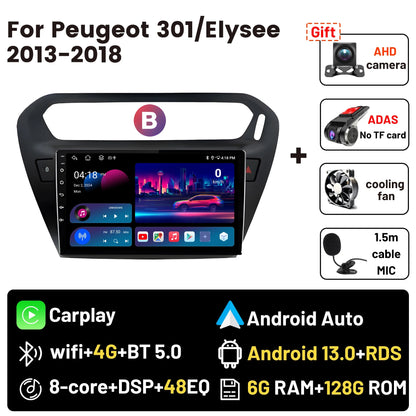 Wireless CarPlay Android Auto Car Bluetooth Radio For Peugeot 301 Citroen Elysee 2013-2018 2Din Android 14 DSP GPS FM Autoradio