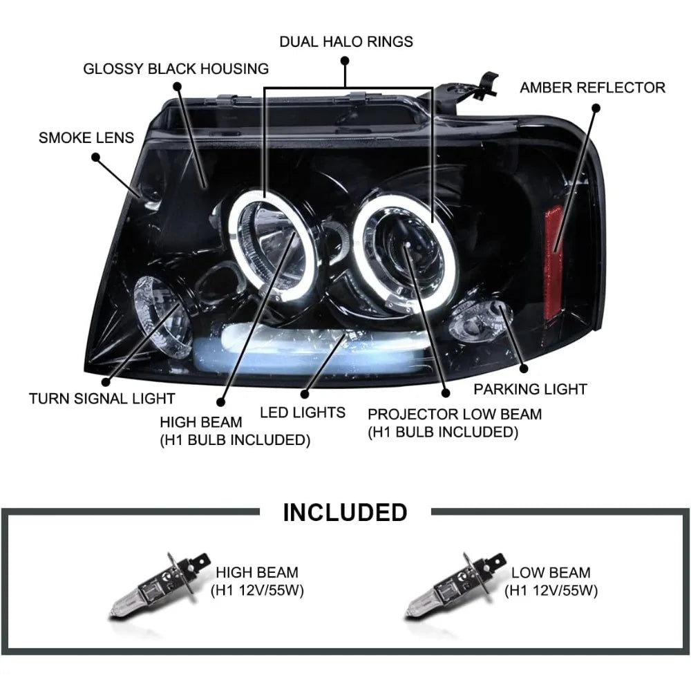Halo Projector LED Headlights Glossy Black Housing Smoke  Compatible with Lincoln Mark LT, Left + Right Pair Headlamps Assembly