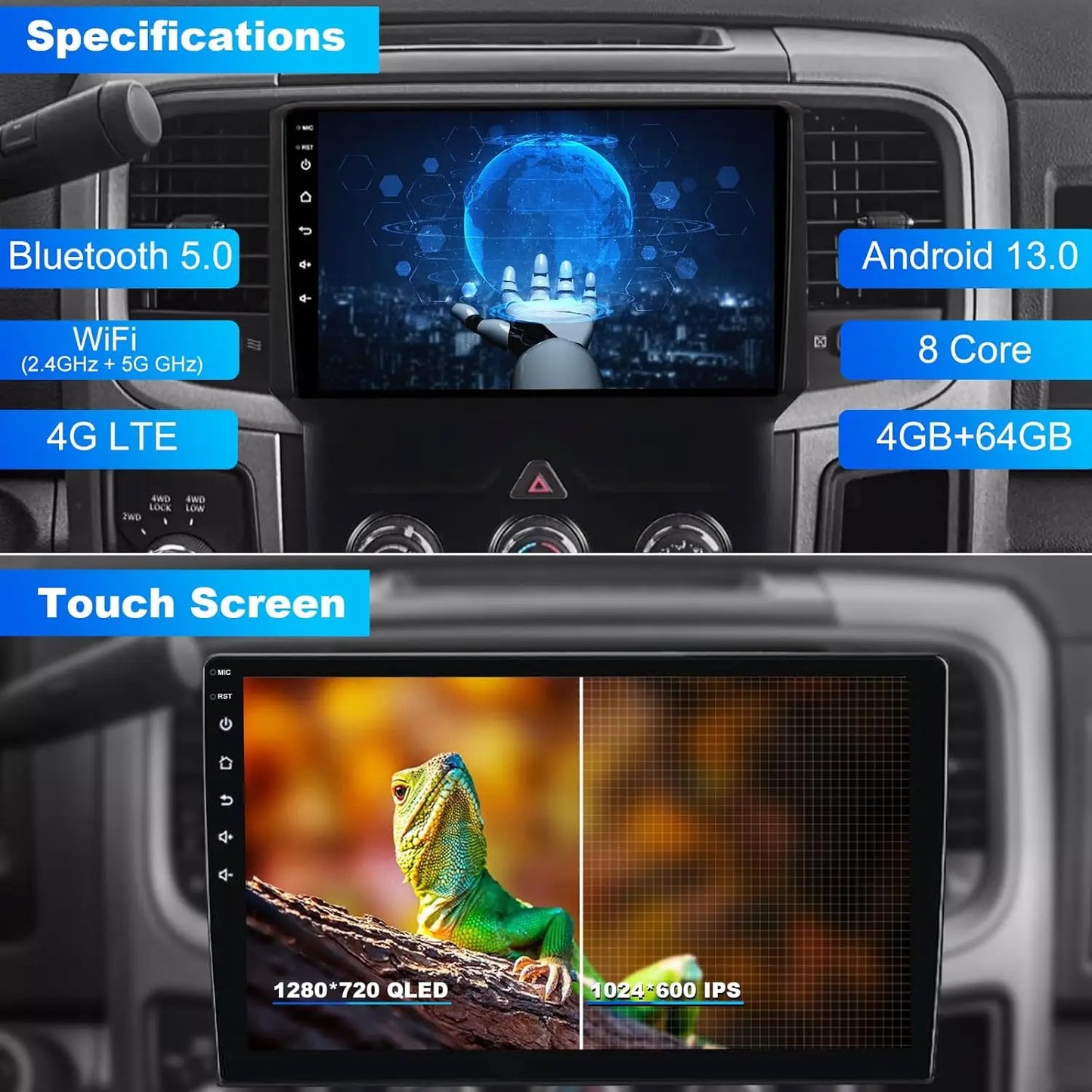 Car Radio Stereo for Dodge Ram 1500 2500 3500 2013 2014 2015 2016 2017 2020 w/Manual AC Upgrade Dash Kit, Android Touch Screen R