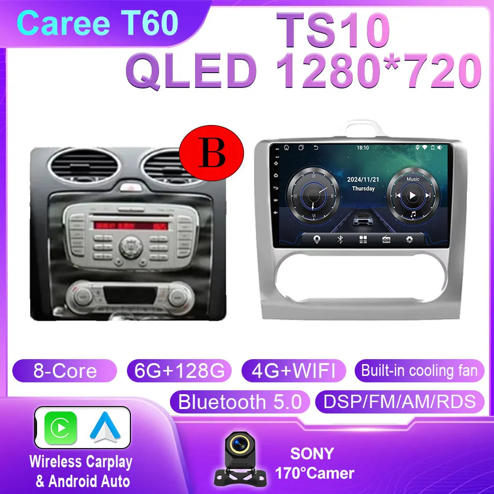Android 14 Wireless CarPlay Auto For Ford Focus 2 3 Mk2 Mk3 2004-2011 4G+WIFI Car Radio Multimedia Stereo Player GPS 360 Camera