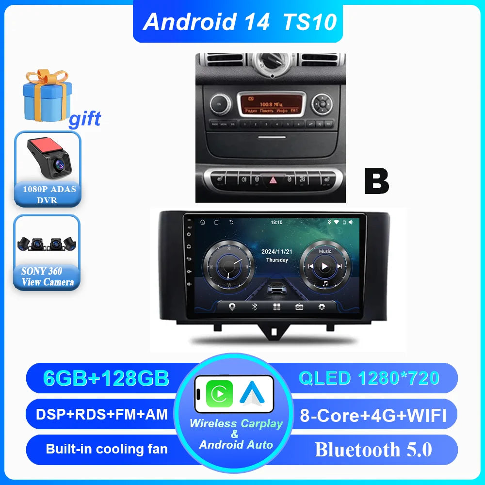 Car Android 14 GPS Navigation For Mercedes Benz Smart Fortwo 451 2010 - 2015 Auto Radio Stereo Multimidia Player Carplay NO 2DIN