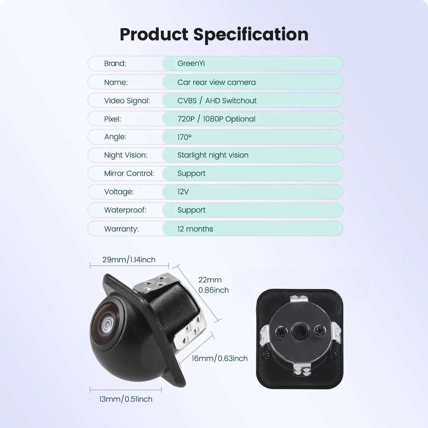 GreenYi AHD 1920x1080P Car Rear View Camera Full HD Night Vision 170° Fisheye Lens Vehicle Reversing Front Cam C801