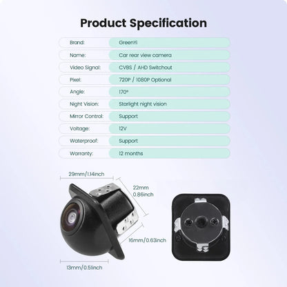GreenYi AHD 1920x1080P Car Rear View Camera Full HD Night Vision 170° Fisheye Lens Vehicle Reversing Front Cam C801
