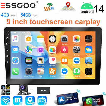 ESSGOO 9 Inch touchscreen 2 DIN Car stereo radio Android 14 Wireless Carplay Android auto play  GPS Navi WiFi FM RDS SWC BT USB