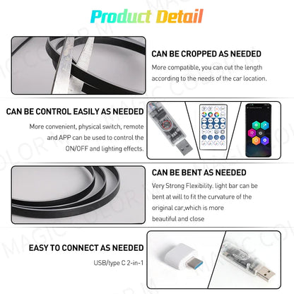 Vgetting 140 /55.1in Symphony LED Car Ambient Lights Universal 6 in 1 RGB Atmosphere Lamp USB APP Remote for Tesla Model 3 Y S X