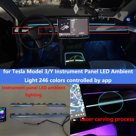 for Tesla Model 3/y 246-color LED center console instrument cluster ambient lights Interior laser carved style decorative lights