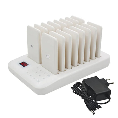 Improve service efficiency with this wireless guest paging system. Includes 16 coaster buzzers with vibration, beep, flash, and LED display, plus 1 keypad transmitter.