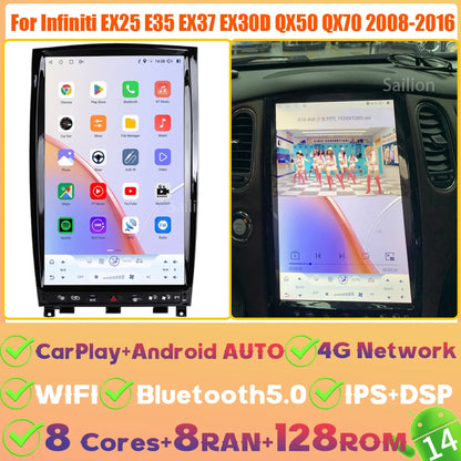 14.5" Android 14 For Infiniti EX25 E35 EX37 EX30D QX50 QX70 2008-2016 Car Radio Carplay 2.5K Screen Tesla Style Stereo 4G Player