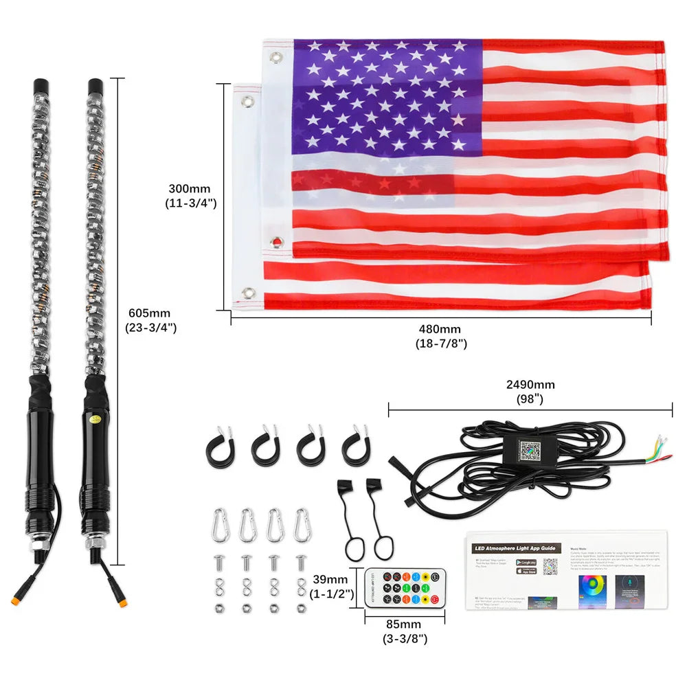 1Pcs/2PCS 2FT Bluetooth And Remote Control Spiral LED Whip Lights Lighted Antenna Whips for ATV Polaris RZR