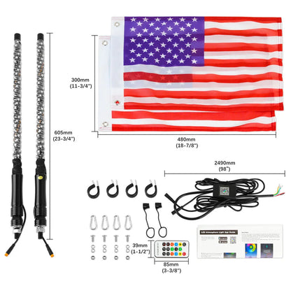 1Pcs/2PCS 2FT Bluetooth And Remote Control Spiral LED Whip Lights Lighted Antenna Whips for ATV Polaris RZR