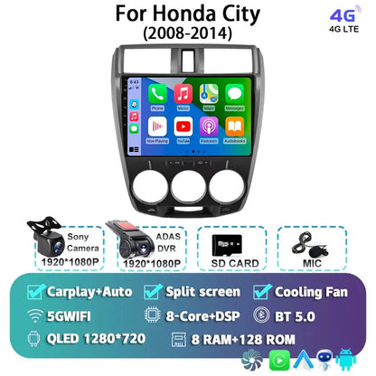 Android 14 Carplay Auto GPS For Honda City 2008 2009 2010 - 2014 Car Radio DSP Multimedia WIFI+4G Head Unit Video Stereo Player
