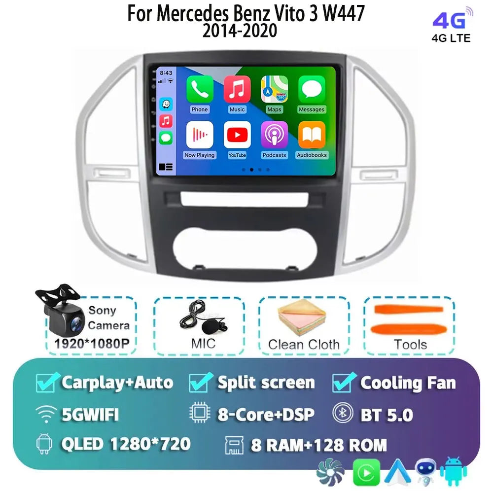Android 14 For Mercedes Benz Vito 3 W447 2014-2020 2K QLED Android Car Radio Multimedia Video Player 4G Stereo CarPlay Head Unit