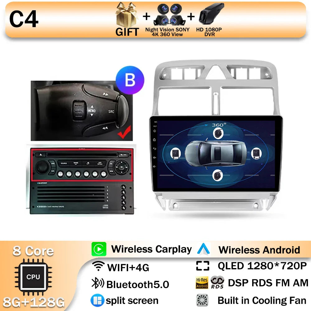 Carplay 2din Android 14 Car Radio Multimedia Gps Navigation For Peugeot 307 307CC 307SW 2002-2013 Stereo 2 DIN 4G WIFI Head Unit