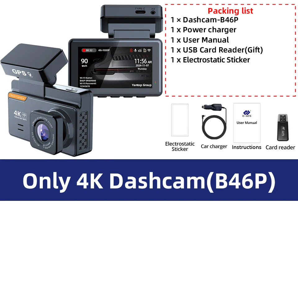 E-ACE Dash Cam 4K 3 Inch Mini Car Dvr Dual Lens With GPS WIFI 24h Parking 1080P Rear View Camera Night Vision Black Box