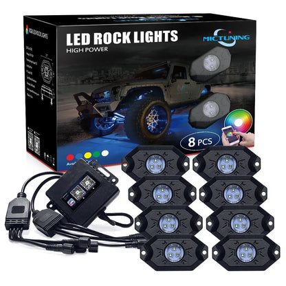 2nd-Gen RGB LED Rock Lights with Bluetooth Controller, Timing Function, Music Mode - 8 Pods Multicolor Neon LED Light Kit