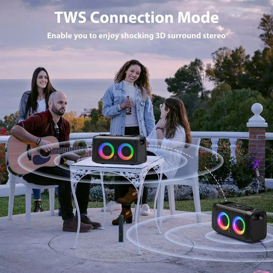 FanFun Portable Outdoor Party Dual Speakers, LED Ambient Lighting, Includes Two Wireless Microphones for Instrument Input