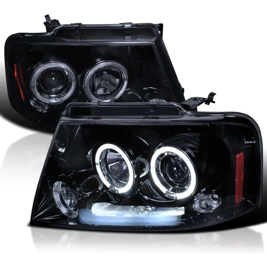 Halo Projector LED Headlights Glossy Black Housing Smoke  Compatible with Lincoln Mark LT, Left + Right Pair Headlamps Assembly