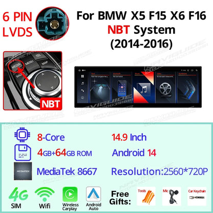 NAVIGUIDE 14.9'' Wireless CarPlay Auto For BMW X5 F15 X6 F16 2014-2017 NBT EVO System Car GPS Navi Multimedia Player Android 14