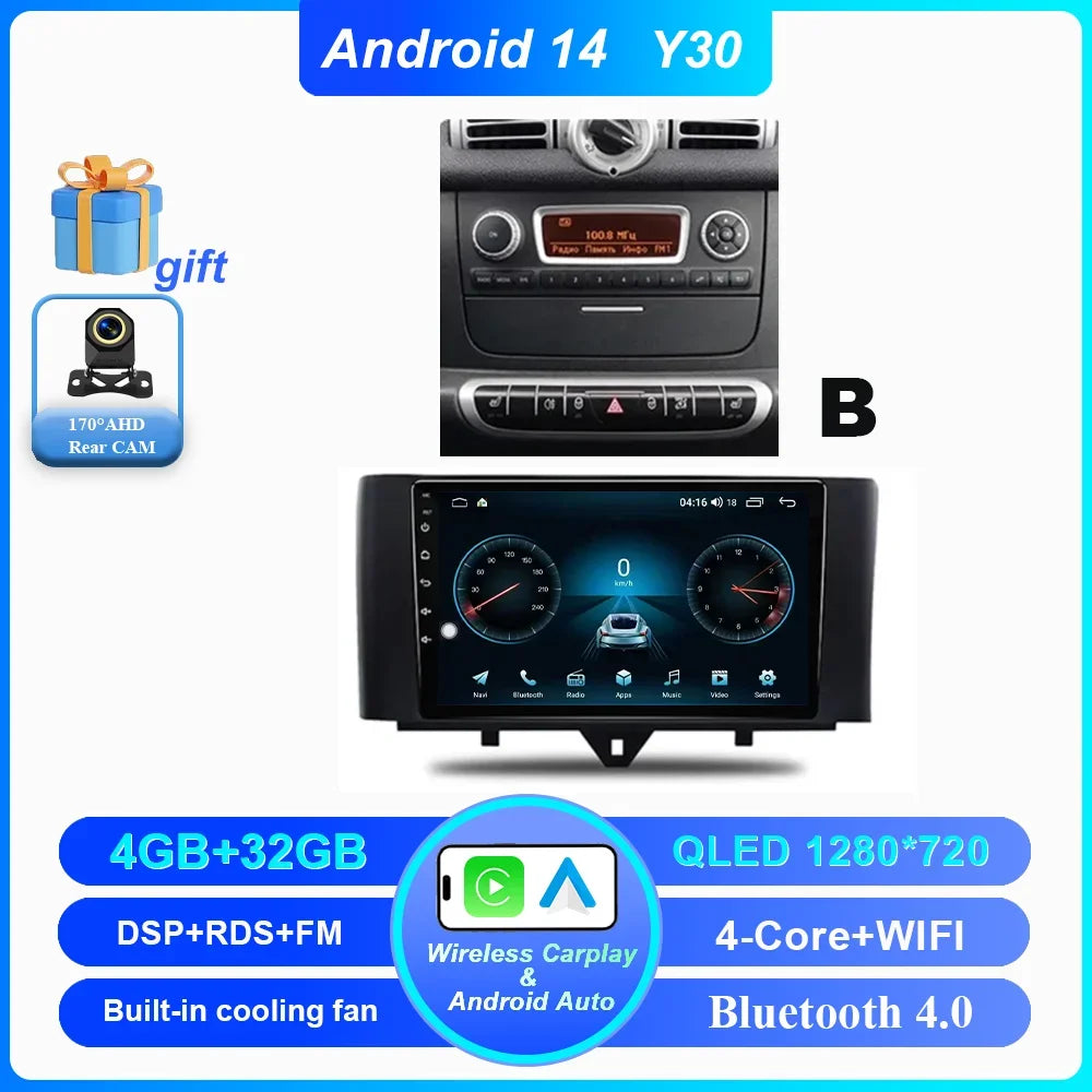 Car Android 14 GPS Navigation For Mercedes Benz Smart Fortwo 451 2010 - 2015 Auto Radio Stereo Multimidia Player Carplay NO 2DIN