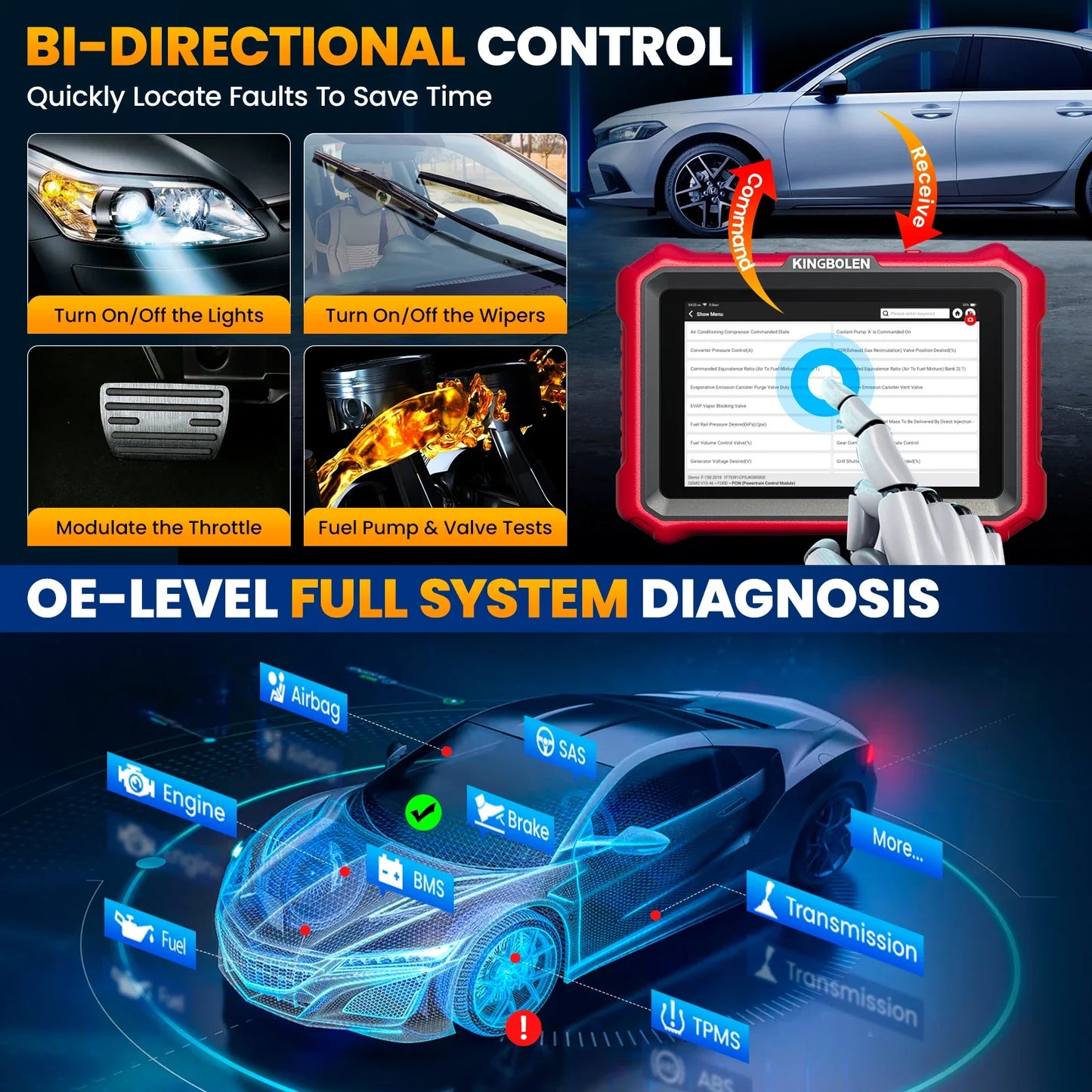 2025 New KINGBOLEN K8 PRO 8 inch Lifetime Free Car Diagnostic Tools All System 34 Reset ECU Coding Bi-directional CAN FD DOIP