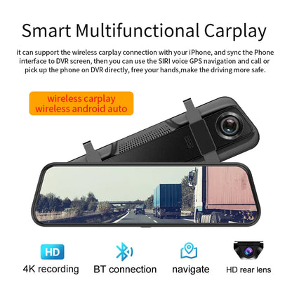 E-ACE 10” 4K Car Dvr Mirror Wireless Carplay & Android Auto Dashcam Video Recorder 1080P Rear View Camera GPS WIFI