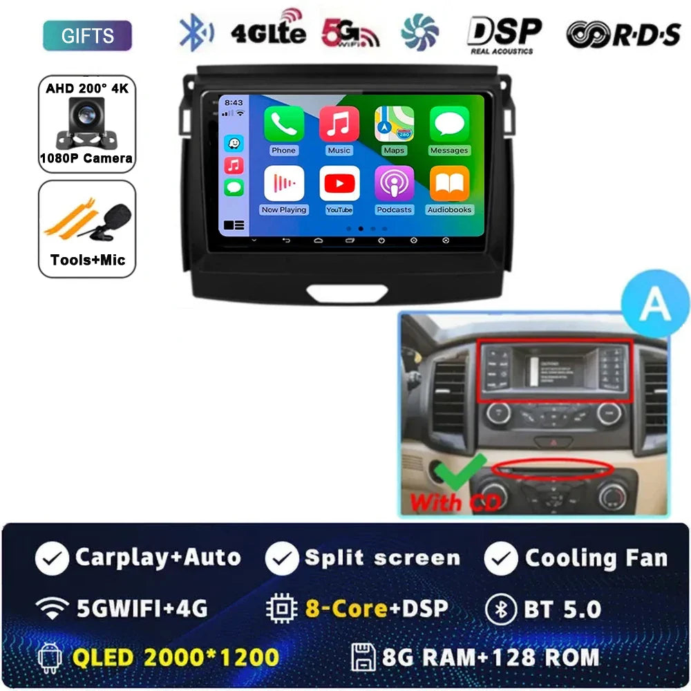 Android 15 Car Radio Stereo QLED Screen For Ford Ranger 2015 2016 2017 2018 2019-2022 GPS Multimedia Carplay Autoradio Head unit