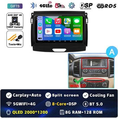 Android 15 Car Radio Stereo QLED Screen For Ford Ranger 2015 2016 2017 2018 2019-2022 GPS Multimedia Carplay Autoradio Head unit