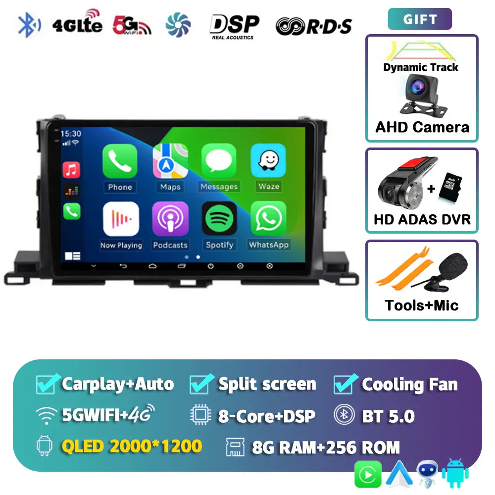 Android 14 For Toyota Highlander 3 Kluger 2013-2018 2K QLED Android Car Radio Multimedia Video Player GPS Stereo CarPlay 4G DSP