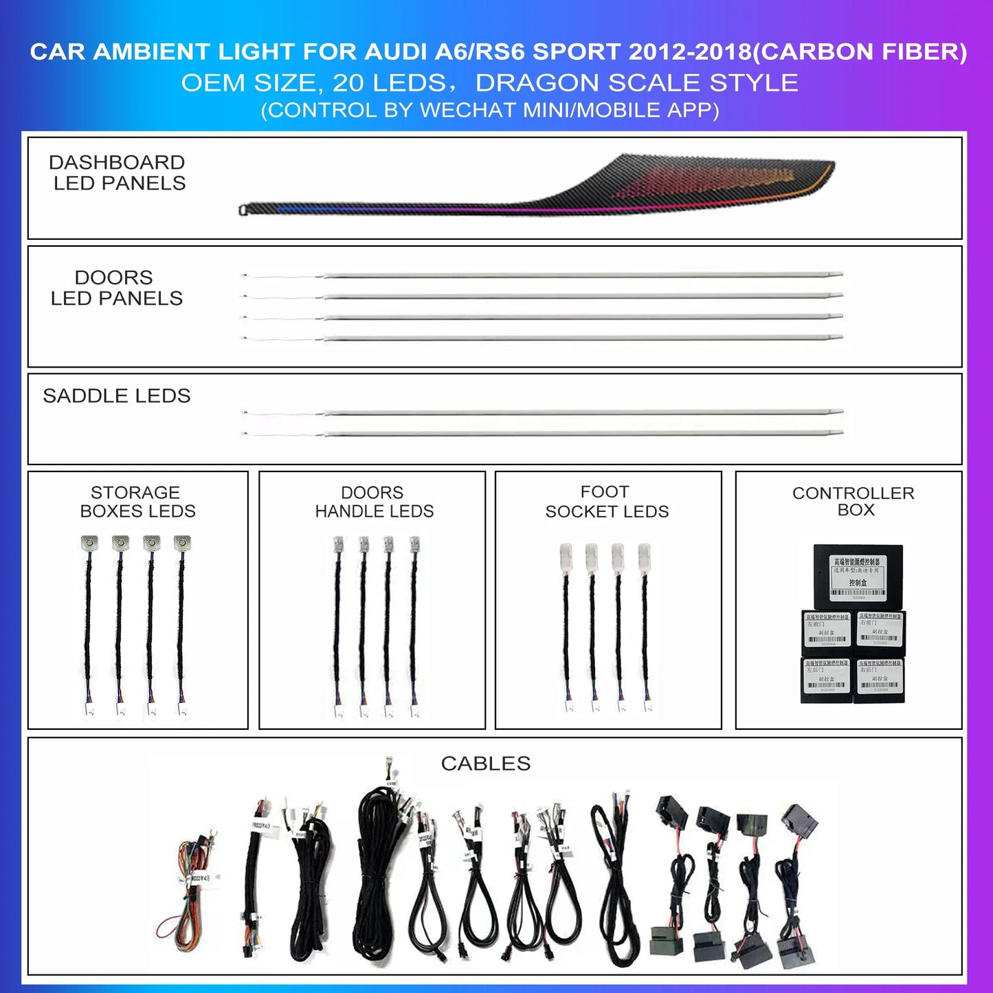 20 in 1 Ambient Lighting Car Kit For Audi A6 RS6 2012-2018 Hidden Built-in Light Strip Dashboard Door Decoration Atmosphere Lamp