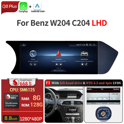 8.8 inch Android 14 For Mercedes Benz C Class W204 S204 2011-2015 Car Radio BT Carplay Qualcomm Snapdragon 680 Head Unit Screen